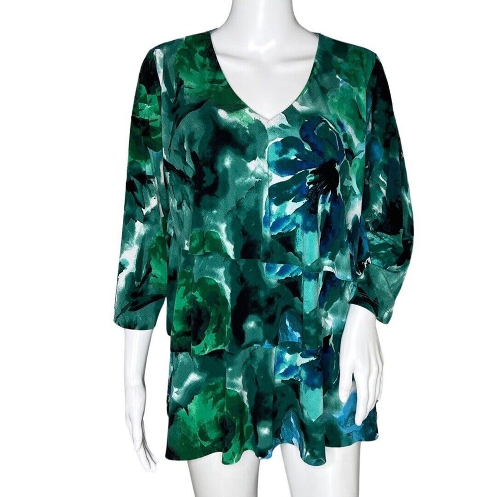 Susan Graver Shirt Womens Small Blue Green Layered Ruffle Blouse Colorful Casual